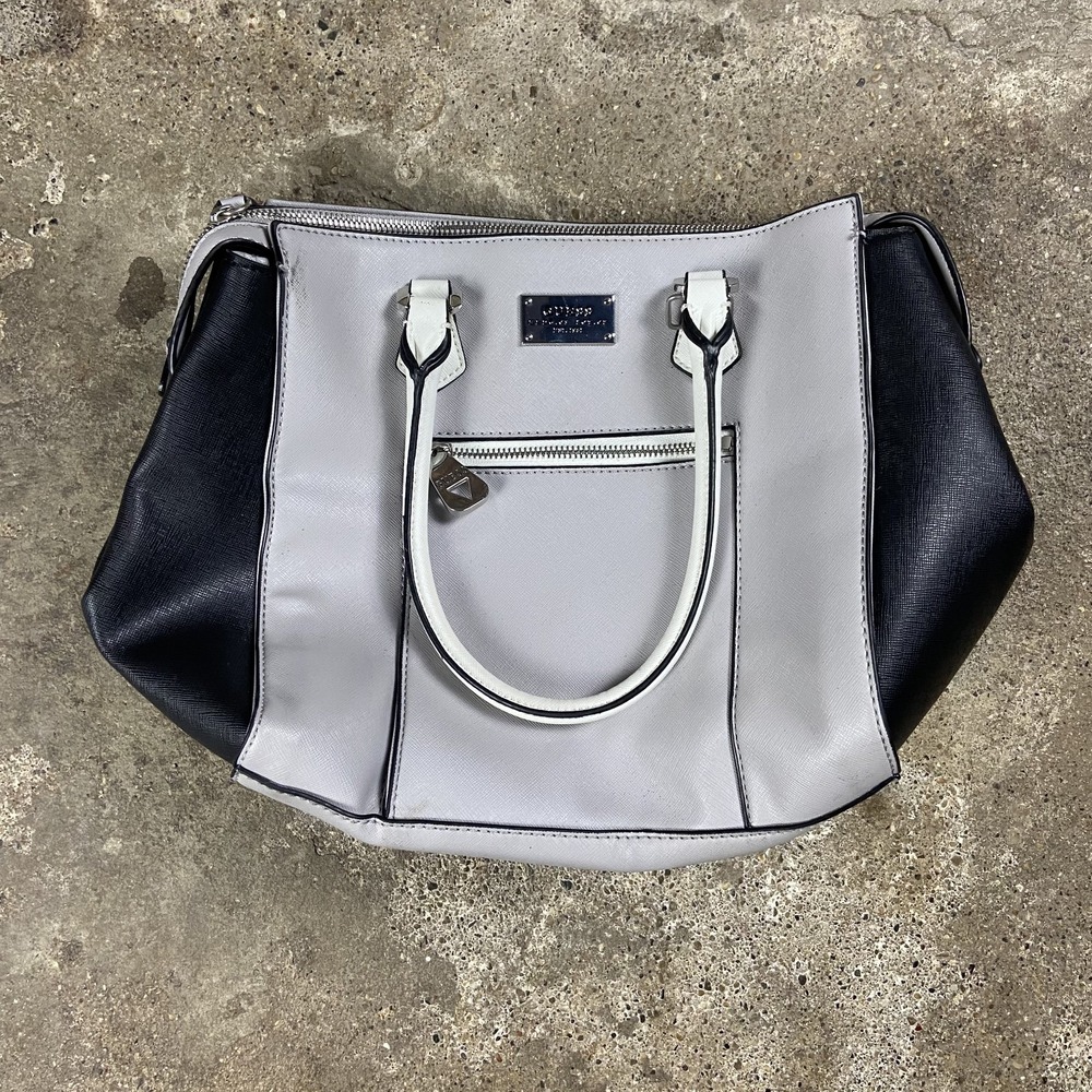 GUESS Satchel Shoulder Bag Gray Black Leather Color Block Leopard Print Lined